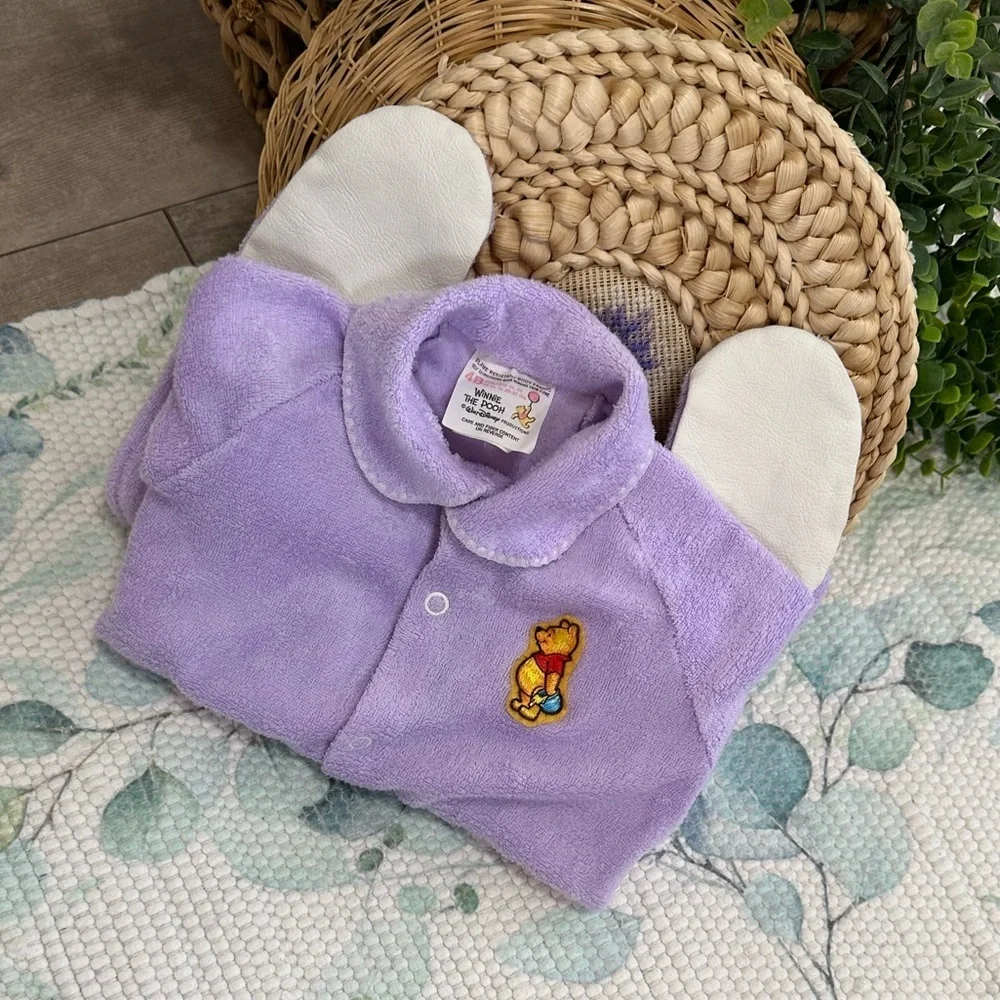 Vintage Disney Winnie Pooh Baby Girl Pajamas Lavender Button Footie Terry Cloth